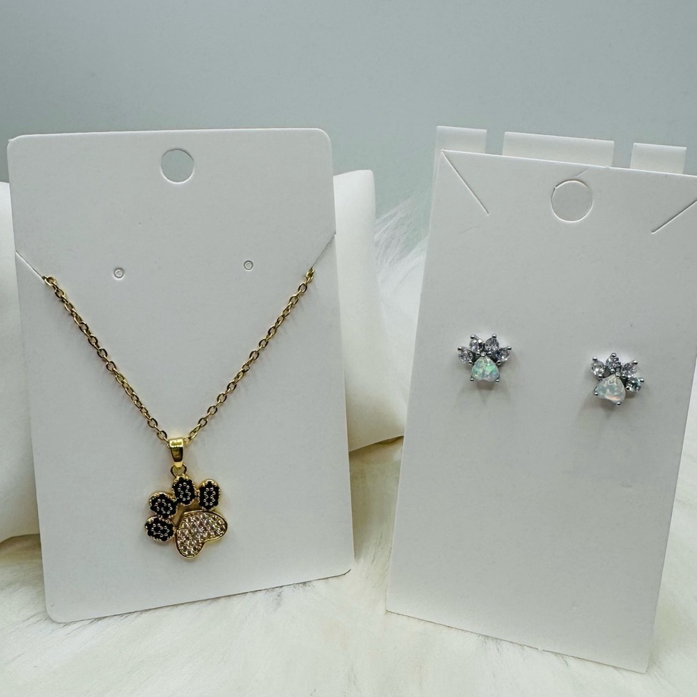 Paw Necklace with Rhinestones & Paw Earring Studs